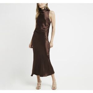 NWT River Island Studios Brown Satin Halter Cowl Neck Midi Dress Women’s 16US
